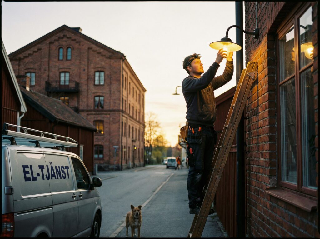 Elektriker byter armatur utomhus på en fasad