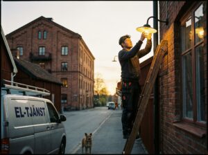 Elektriker byter armatur utomhus på en fasad