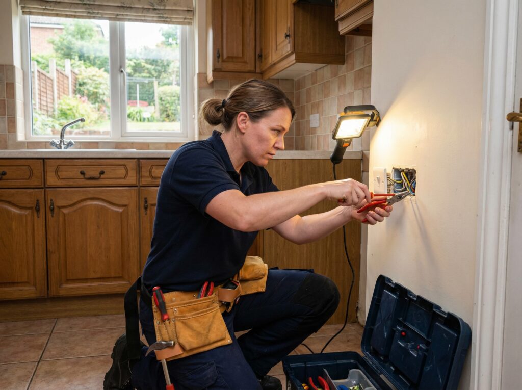 kvinnlig elektriker arbetar med ett strömbrytare